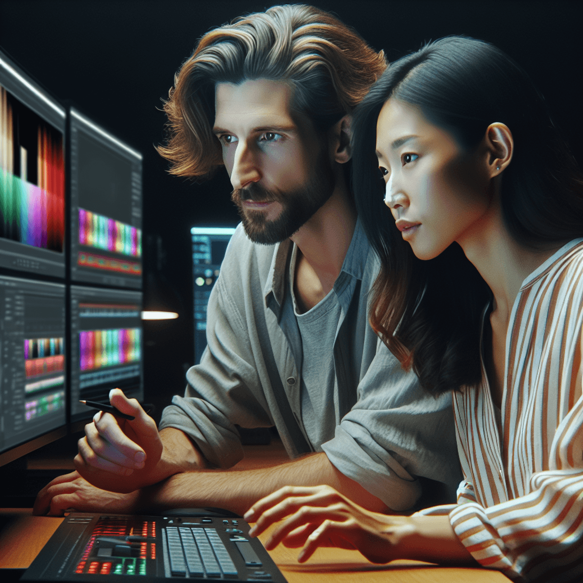 A Caucasian male and an Asian female collaborate intently in a modern editing suite, surrounded by multiple screens showcasing vibrant color grading s