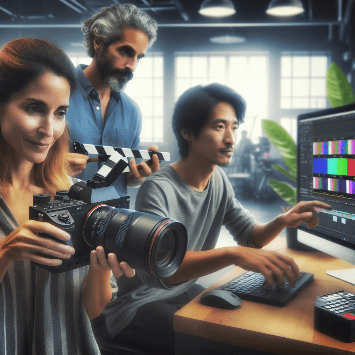 A diverse group of filmmakers in a bright, modern studio. A Caucasian woman is adjusting the lens of a Sony camera, while a Hispanic man holds a clapp