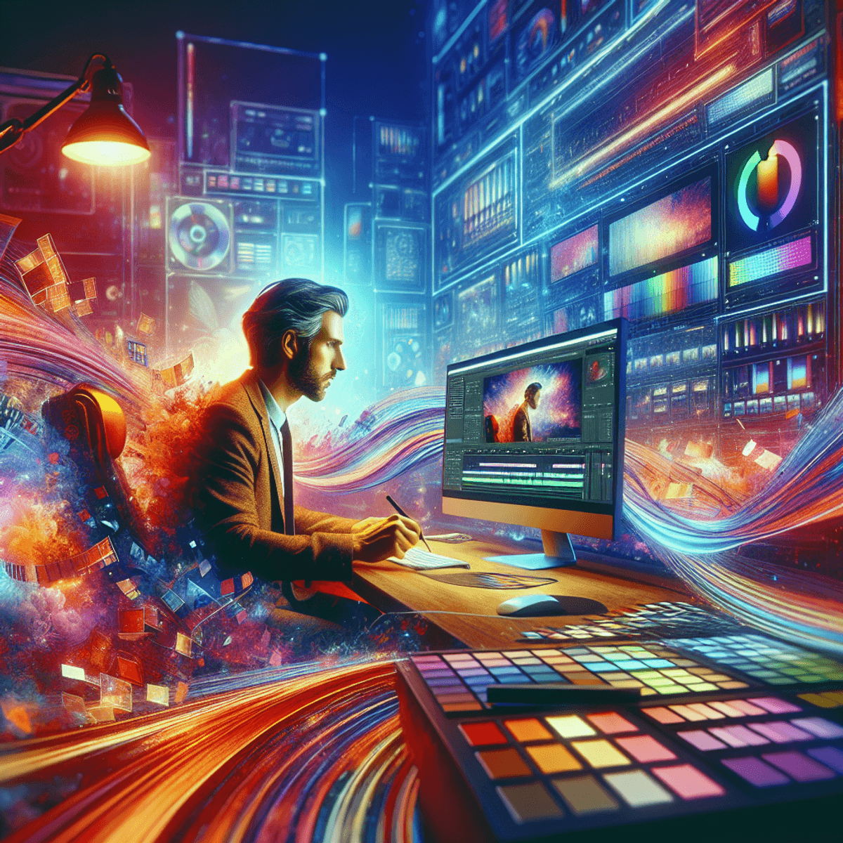 A focused Caucasian male video editor works intently at a brightly lit desktop, surrounded by colorful swatches and video clips, embodying the vibrant