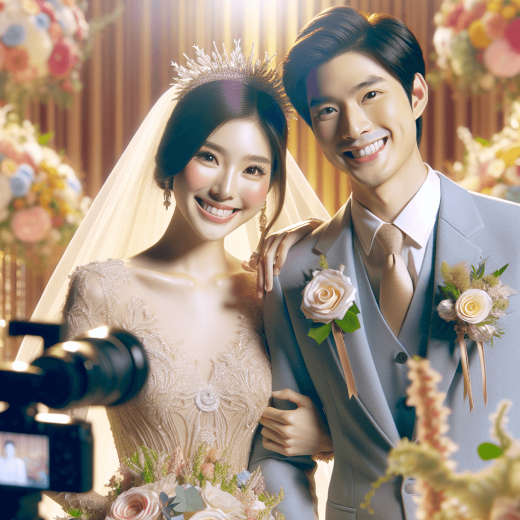 A joyful Asian couple in elegant wedding attire stands amidst a vibrant, flower-filled setting, bathed in soft, emotive lighting. The groom smiles bro