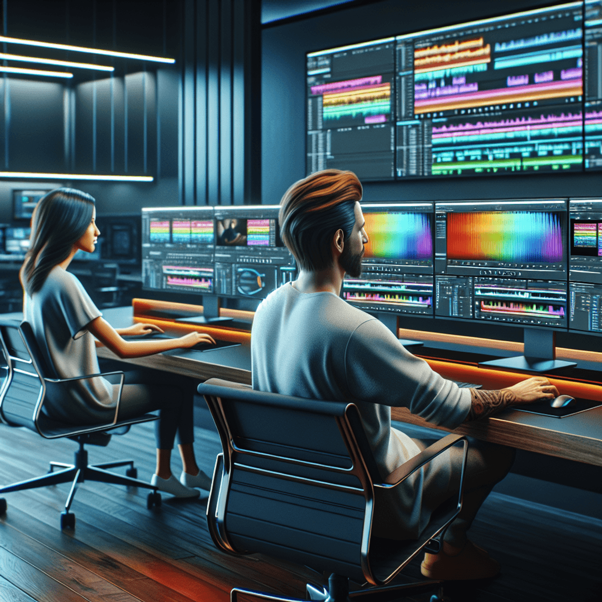 A realistic depiction of a diverse team of video editors, featuring a Caucasian man and a Hispanic woman, working intently in a modern editing suite.