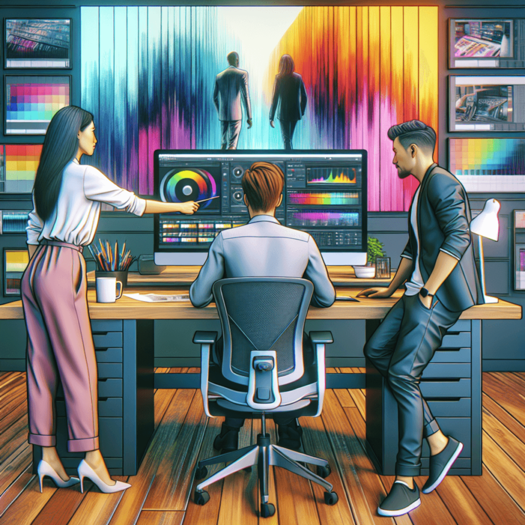 A realistic illustration of three professionals in a modern video production studio. A Caucasian male sits at an editing desk, focused on a computer s