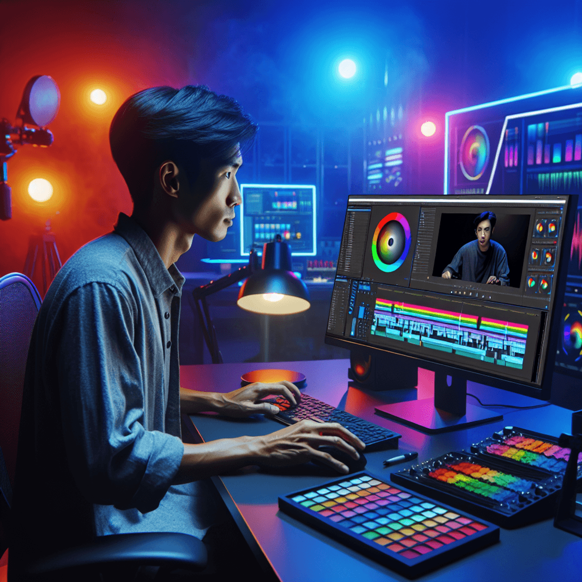 An Asian male video editor deeply focused on his work at a computer, surrounded by vibrant, colorful lights that enhance the creative atmosphere. He i