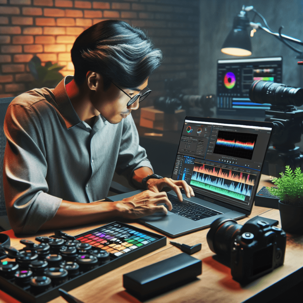 An Asian male videographer sits focused at a laptop in a cozy studio, surrounded by cameras and color grading tools. The laptop screen displays vibran