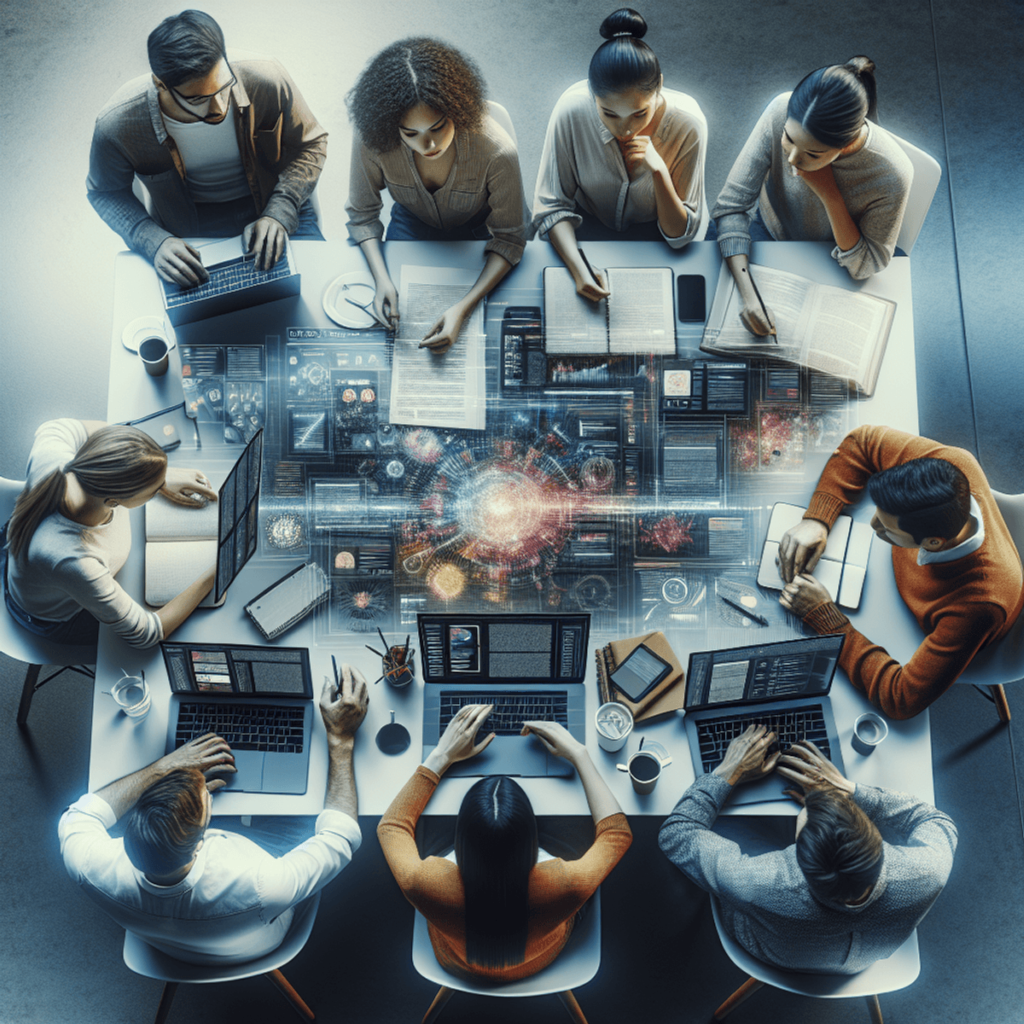 A diverse group of three writers collaborates around a table covered with laptops and notebooks. The Caucasian female, Hispanic male, and Asian female