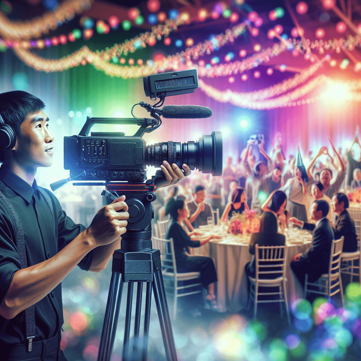 A professional videographer of Asian descent, focused intently on operating an advanced camera, captures the energy of a lively event filled with chee